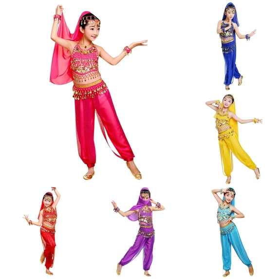 FYDUU Kids Belly Dance Outfit Girls Halloween Outfits Sleeveless Crop Top Pants Set Holiday Party Dance Performance Wear 11-12 Years