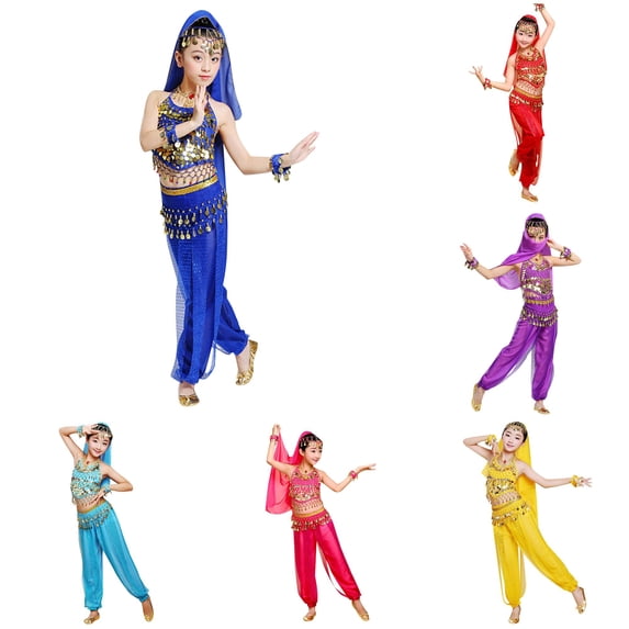 FYDUU Kids Belly Dance Outfit Girls Halloween Outfits Sleeveless Crop Top Pants Set Holiday Party Dance Performance Wear 7-8 Years