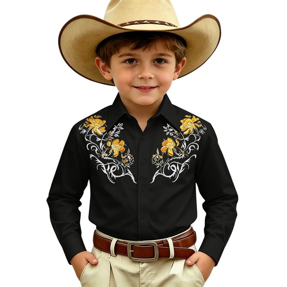 FYDUU Kids Boys Cowboy Shirt Western Cowboy Shirts Retro Long Sleeve Button Down Shirt For Kids Embroidered Casual Party Tops 10-11 Years