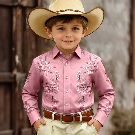 FYDUU Kids Boys Cowboy Shirts Western Retro Button-Down Shirt Printed Long Sleeve Shirts For Boys Festival Party Tops Casual Dressy Blouses 6-7 Years