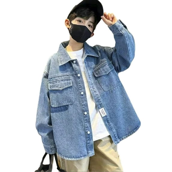 FYDUU Kids Boys Denim Shirt Jacket Lightweight Casual Coat For Kids Fall Outerwear Top Style Loose Fit Comfortable Children's Clothing Soft Fall Clothes 8-9 Years