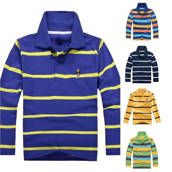 FYDUU Kids Boys Long Sleeve Casual Striped Polo Shirt Button Collared School Uniform Tops Comfortable Fashion Back To School T-Shirt 10-11 Years