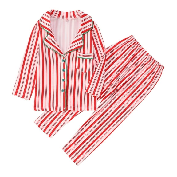 FYDUU Kids Christmas Outfits For Boys Girls Striped Printed Long Sleeve Button Down Shirt And Pants 2 Piece Sleepwear Christmas Family Matching Outfit Winter