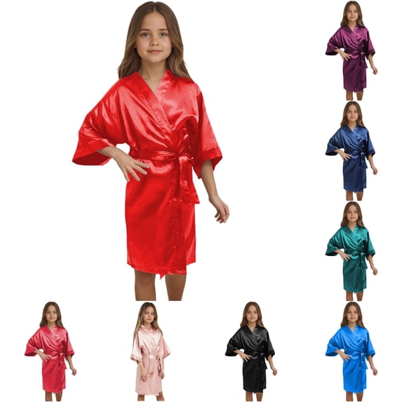 FYDUU Kids Girl's Silky Satin Kimono Robe for Wedding Birthday Party Children's Pajamas Solid Color Short Kimono Bathrobes 5-6 Years