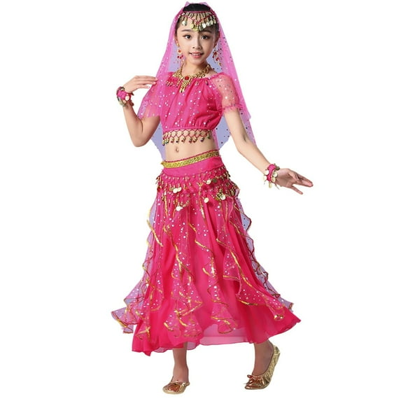 FYDUU Kids Girls Belly Dance Outfit Girls Belly Dance Top Skirt Set Halloween Dance Outfit With Head Veil Girls Princess Clothes Carnival Dress Sets 5-7 Years
