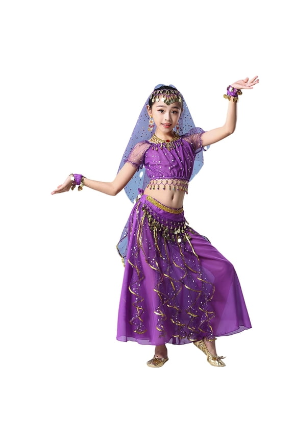 Kids Girls Belly Dance Outfit Girls Belly Dance Top Skirt Set Halloween Dance Outfit With Head Veil Girls Princess Clothes Carnival Dress Sets 8-10 Years