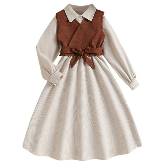 FYDUU Kids Girls Dresses 2 Piece Set Vest Long Sleeve Dress With Belt Casual Outfit For Girls Fall Fashion Comfortable Daily Wear Stylish Elegant 8-9 Years