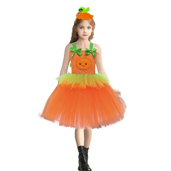 FYDUU Kids Girls Halloween Pumpkin Dress Girls Tutu Dresses With Bag Headband 3 Pcs Set Holiday Party Fancy Dress Up Outfit Stylish Comfort