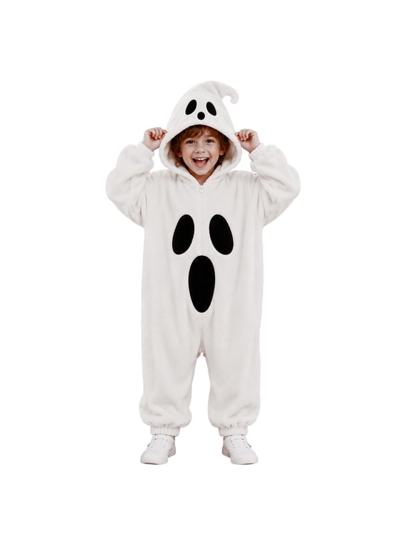 Kids Halloween Ghost , White Plush Onesie Hooded Jumpsuit with Zipper Loungewear for Boys Girls Cute Ghost Outfit for Halloween Party