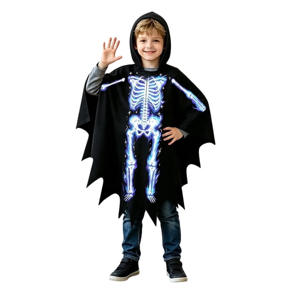 FYDUU Kids Halloween Outfit Poncho, Easy Slip-On Hooded Cape, Boys Girls Skeleton Poncho Outfits Halloween Holiday Party Top 4-12 Years