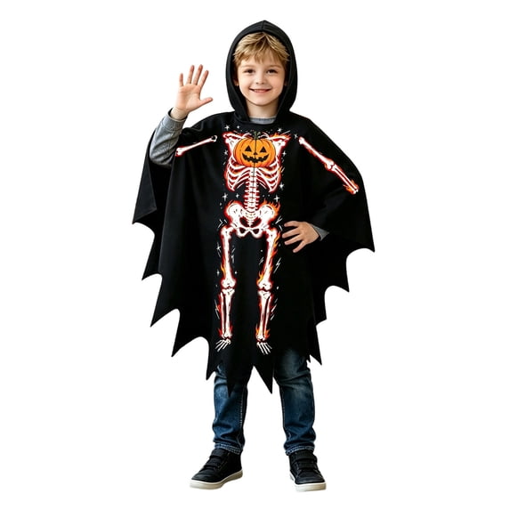 FYDUU Kids Halloween Outfit Skeleton Poncho Clothes Boys Girls Hooded Cape Holiday Party Top Halloween Poncho for Dress Up 4-12 Years