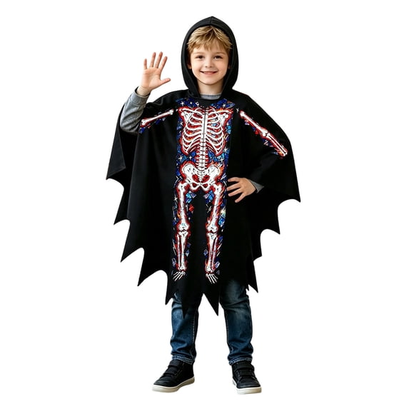 FYDUU Kids Halloween Outfit Skeleton Poncho for Boys Girls Hooded Cape Halloween Christmas Holiday Party Tops Dress Up Outfit 4-12 Years