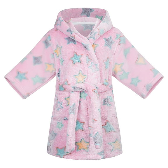 FYDUU Kids Hooded Bathrobe Girls Cozy Robes Soft Plush Hooded Flannel Pajamas Sleepwear Cartoon Print Nightwear Comfort Children's Soft Homewear Soft Fall Clothes