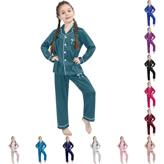 FYDUU Kids Satin Sleepwear Girls Long Sleeve Pajamas with Pants Soft Nightwear Outfit Fashion Bow Print Loungewear for Daily Bedtime 7-8 Years