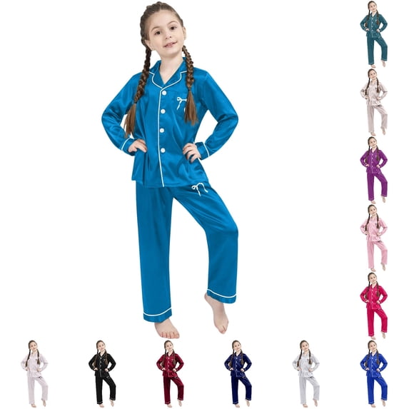 FYDUU Kids Satin Sleepwear Girls Long Sleeve Pajamas with Pants Soft Nightwear Outfit Fashion Bow Print Loungewear for Daily Bedtime 7-8 Years