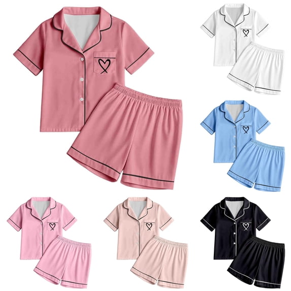 FYDUU Little & Big Girls Pajamas Button Down Sleepwear Set Heart Print Short Sleeve Shorts 2Pcs Pajama Sets Casual Lapel Loungewear 8-9 Years