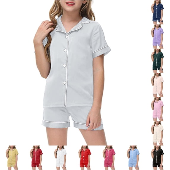 FYDUU Little&Big Girls Pajamas Set Kids Short Sleeve Sleepwear Button Down Loungewear Shorts Suit Summer 2 Piece Outfits 4-5 Years