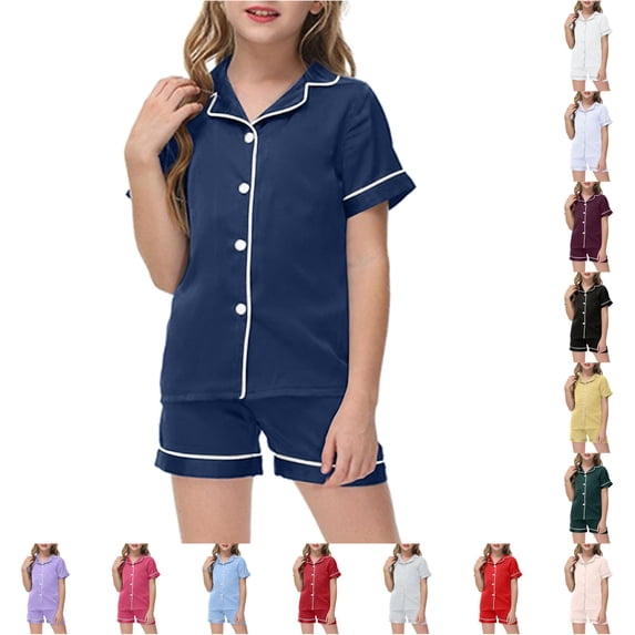 FYDUU Little&Big Girls Pajamas Set Kids Short Sleeve Sleepwear Button Down Loungewear Shorts Suit Summer 2 Piece Outfits 8-9 Years