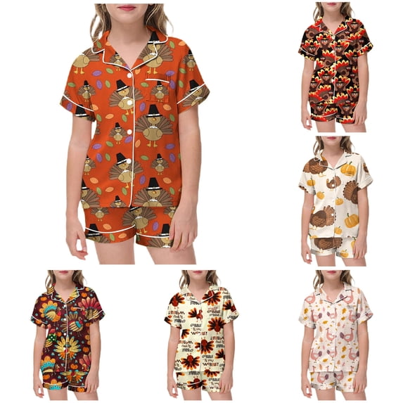 FYDUU Little Big Girls Pajamas Set Thanksgiving Turkey Pumpkin Print ...