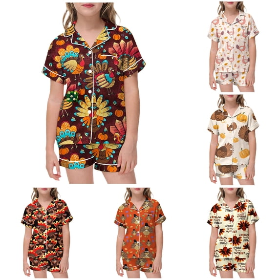 FYDUU Little Big Girls Pajamas Set Thanksgiving Turkey Pumpkin Print ...