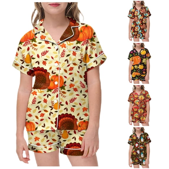 FYDUU Little Big Girls Pajamas Set Thanksgiving Turkey Pumpkin Print ...
