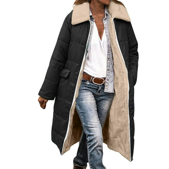 FYDUU Long Winter Coats For Women Oversized Open Front Coat Casual Outerwear Reversible Overcoats Lapel Collar Comfort Lined Jackets Quilted Puffy Jacket