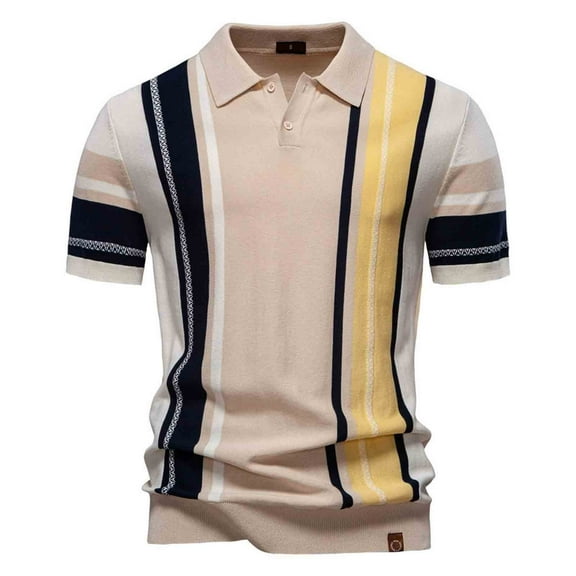 FYDUU Men's Casual Polo Shirts Mens Knit Striped Polo Shirts Short Sleeve Fashion Vintage Collared Pullover Casual Polo Sweater Tops Basic Shirts Fall Tops