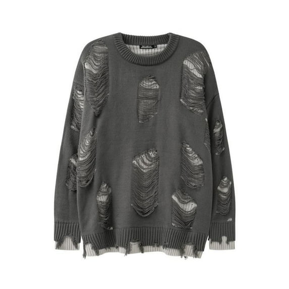 FYDUU Men's Oversized Sweaters Mens Punk Gothic Sweater Loose Retro Ripped Pullover Knit Sweaters Versatile Crewneck Sweater Stylish Work Sweaters