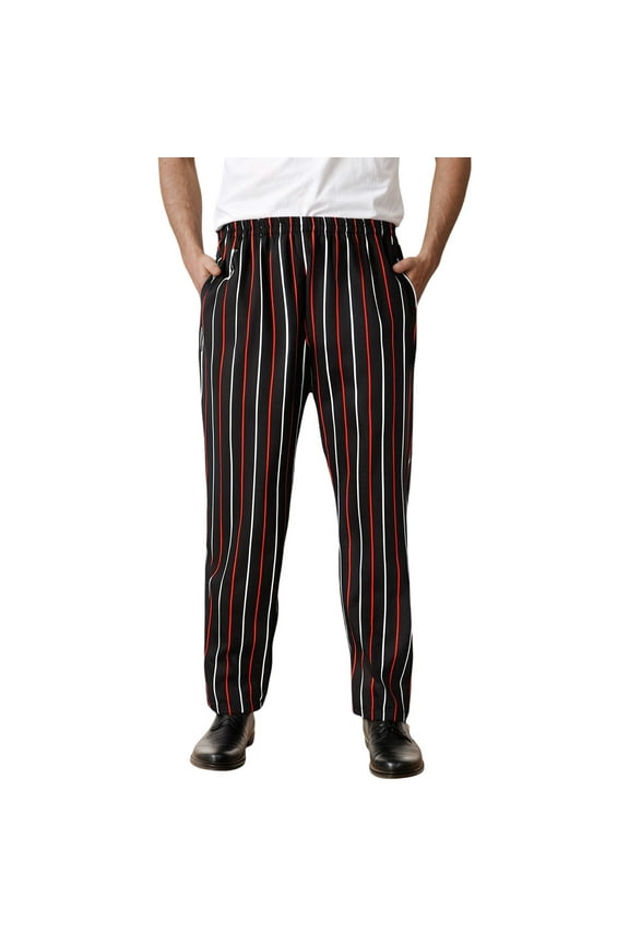 Mens Cargo Pants Comfy Men's Chef Pants Loose Fit Striped Casual Pants Classic Elastic Waist Stripes Kitchen Work Trousers Baggy Trendy Slacks