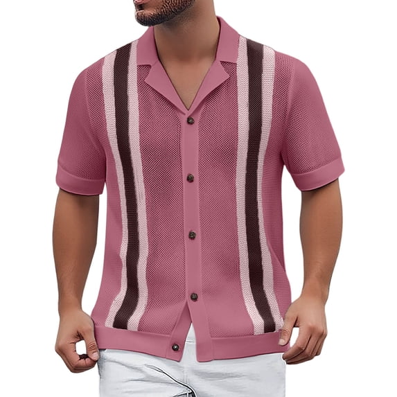 FYDUU Mens Casual Polo Shirts Mens Knit Striped Polo Shirts Short Sleeve Fashion Vintage Collared Pullover Casual Polo Sweater Tops Pullover Classic Golf Top