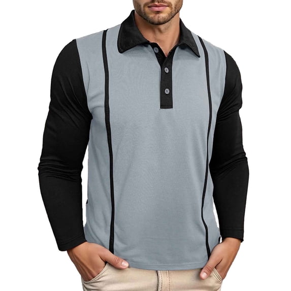 FYDUU Mens Polo Shirts Men's Long Sleeve Shirts Fashion Casual Button Down Collar Shirt Color Block Stylish Tops Fall Winter Daily Wear Athletic Collared Shirt