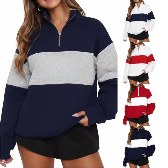 FYDUU Mockneck Sweatshirt for Women Quarter Zip Color Block Pullover Tops Casual Long Sleeve Shirts Loose Fit Sweatshirts Streetwear