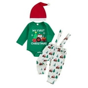 FYDUU Newborn Baby Boy Christmas Outfit My First Christmas Long Sleeve Romper Bodysuit Suspender Pants Santa Hat 3Pcs Holiday Clothes Set 0-3 Months