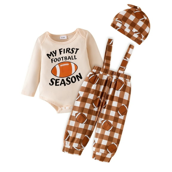FYDUU Baby Boy Clothes Football Outfits Letter Print Long Sleeve Romper Bodysuit Plaid Suspenders Pants Set Hat 3 Piece Fall Clothes 0-3 Months