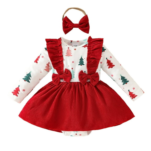 FYDUU Baby Christmas Outfit Baby Girls Romper Dress Ruffle Long Sleeve Princess Dresses With Headband Two Piece Set Xmas Outfits 3-6 Months
