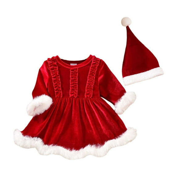 FYDUU Baby Girl Christmas Outfits Velvet Long Sleeve Romper Dress Girls Santa Claus Red Dresses With Xmas Hat 2Pcs Fall Winter Clothes 12-18 Months