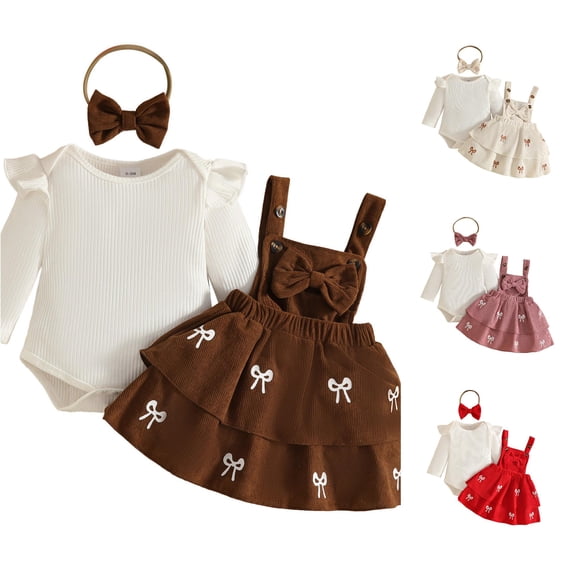 FYDUU Baby Girl Clothes Long Sleeve Ruffle Romper Tops Bowknot Suspender Skirts with Headband 3Pcs Cute Clothing Sets 18-24 Months