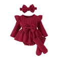 thumbnail image 1 of FYDUU Baby Girl Clothes Ruffle Solid Color Long Sleeve Bow Ribbed Romper Dress Headband Socks 3Pcs Fall Winter Outfits Xmas Clothing 9-12 Months, 1 of 6