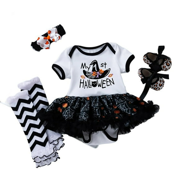 FYDUU Baby Girl Halloween Outfits Baby Girls Witch Hat Dress Set Cute Cartoon Embroidery Short Sleeve Romper Dress Socks 4 Piece Outfit 0-3 Months