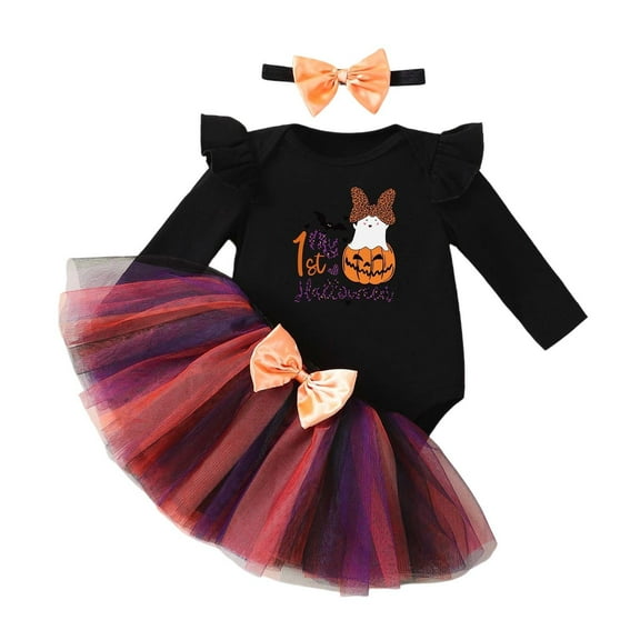FYDUU Baby Girl Hallween Outfit Baby Girls Pumpkin Outfit Set Long Sleeve Romper Tulle Tutu Skirt Headband 3Pcs Set Party Thanksgiving Clothes 9-12 Months
