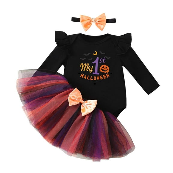 FYDUU Baby Girl Hallween Outfit Baby Girls Pumpkin Outfit Set Long Sleeve Romper Tulle Tutu Skirt Headband 3Pcs Set Party Thanksgiving Clothes 12-18 Months