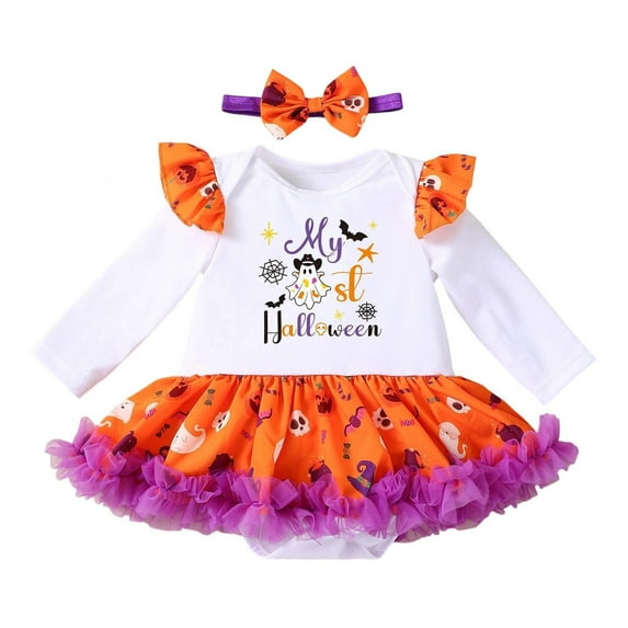 FYDUU Baby Girls Halloween Outfits Long Sleeve Pumpkin Print Romper Dress Tutu Onesie With Headband Set Fall Casual Party Wear For Toddler 1-3 Months