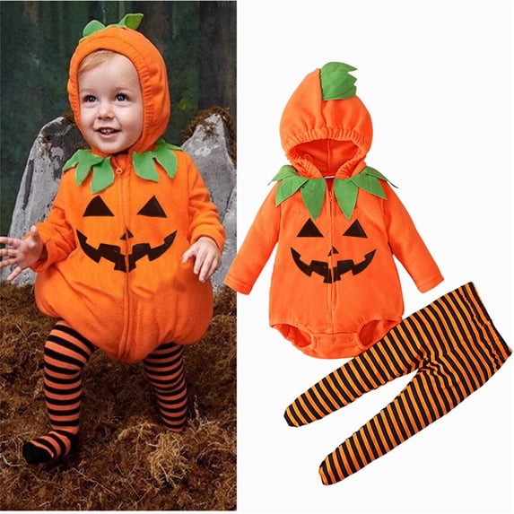 FYDUU Newborn Baby Girls Halloween Pumpkin Costumes Long Sleeve Zipper Hooded Romper Bodysuit Striped Pants Footed Leggings Cute Outfits Soft Comfy Wear