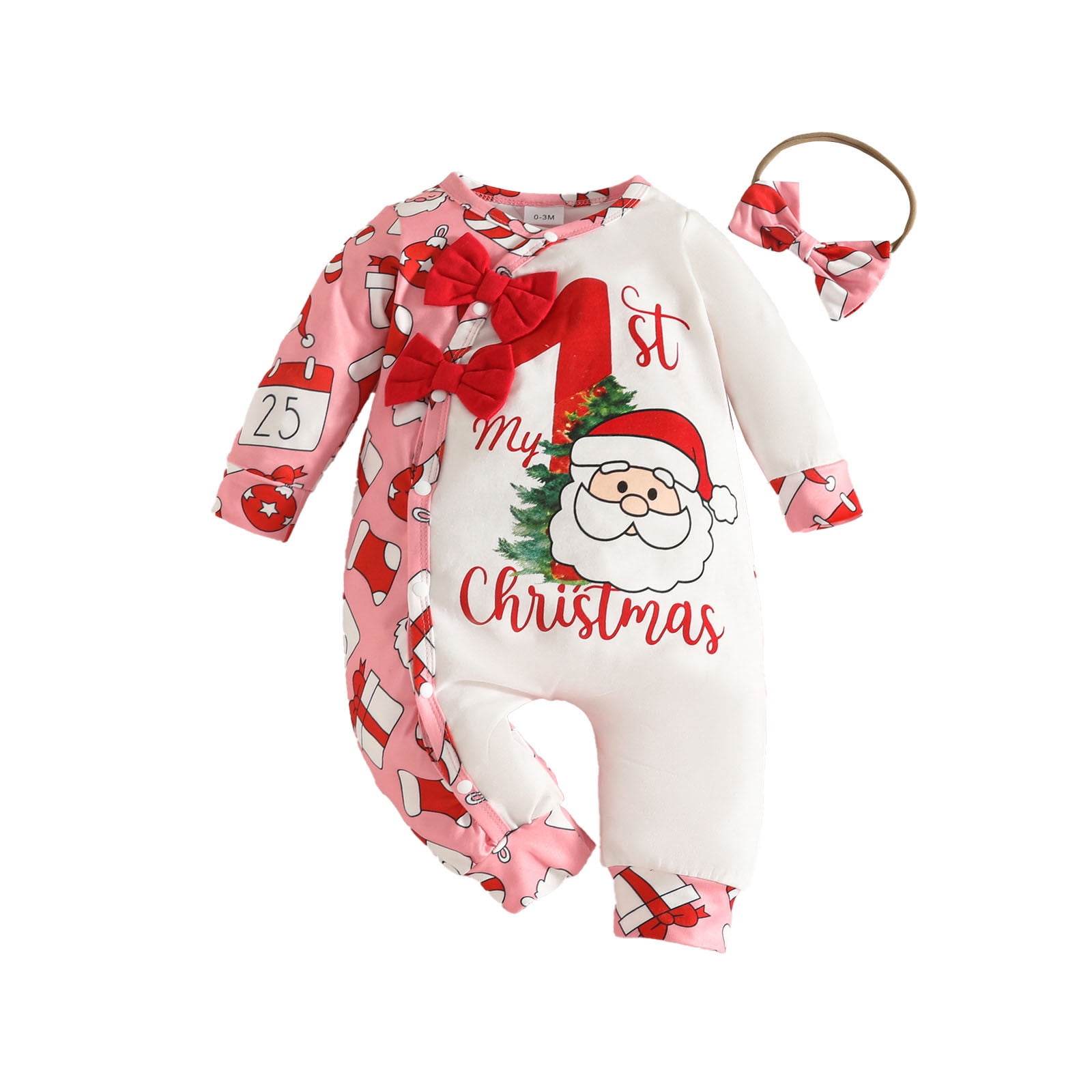 FYDUU Baby Romper Girl One-Piece Outfit Christmas Santa Letter Print Long Sleeve One-Piece Jumpsuit With Headband Sets 12-18 Months