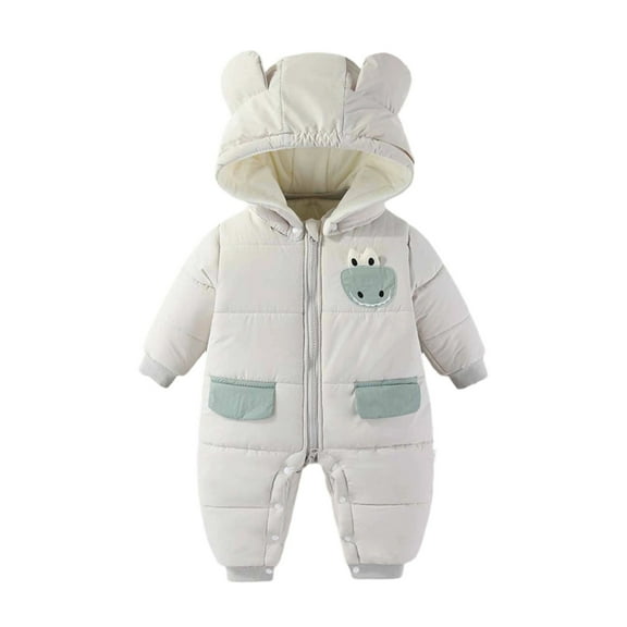 FYDUU Newborn Baby Winter Snowsuit Bear Outfit Infant Boys Girls Long Sleeve Cartoon Print Fleece Lined Hooded Romper Jumpsuit Onesie Outwear 18-24 Months