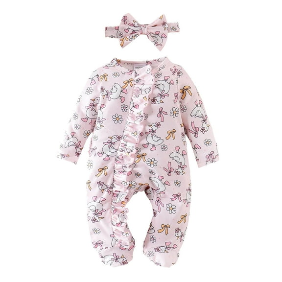 FYDUU Newborn Infant Girl Footies Romper Ruffle Floral Long Sleeve Zip Up Onesie Jumpsuits With Headband Outfit Baby Girls Footed Sleeper 3-6 Months