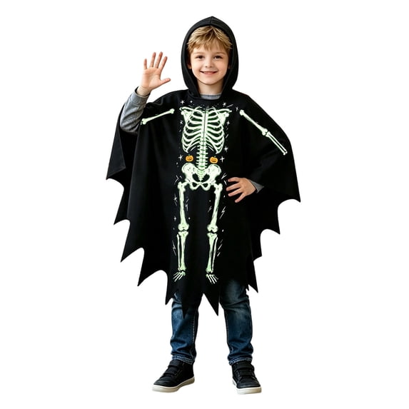 FYDUU Skeleton Poncho Hooded Cape for Kids, Halloween Poncho for Boys Girls Holiday Party Top Wear for Dress Up Clothes Capes 4-12 Years