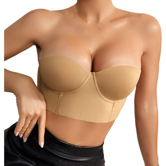 FYDUU Strapless Bras For Women Comfortable Strapless Tube Bra Non- Tube Top Push Up Bralette Padded Bandeau Bra Lightweight Tshirt Bralette /Khaki