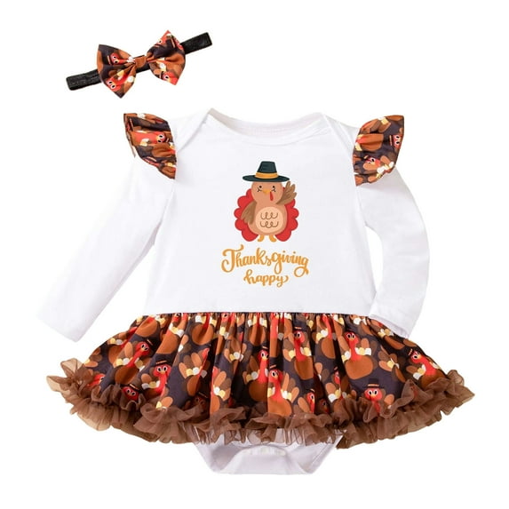FYDUU Thanksgiving Baby Girls Onesies Bodysuits One-Pieces Outfit Long Sleeve Turkey Print Romper With Headband Set Cute Toddler Holiday Cute Kids Clothes 3-6 Months