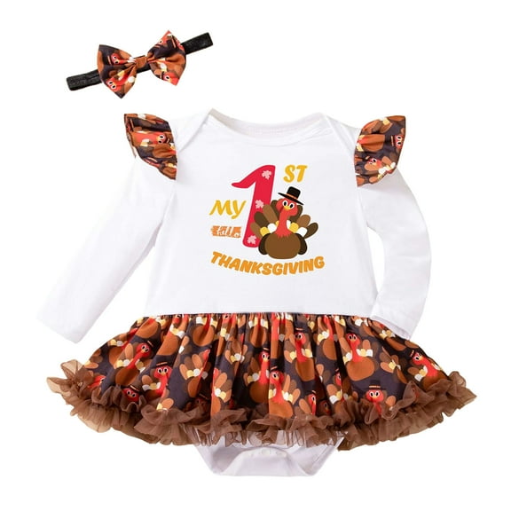 FYDUU Thanksgiving Baby Girls Onesies Bodysuits One-Pieces Outfit Long Sleeve Turkey Print Romper With Headband Set Cute Toddler Holiday Leisure Versatile 1-3 Months